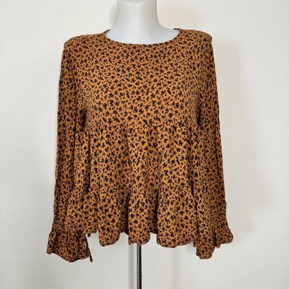 Zara Blouse Tiered Animal Print Long Sleeve Gauze Crepe Lightweight Neutral Sz M - Picture 16 of 16